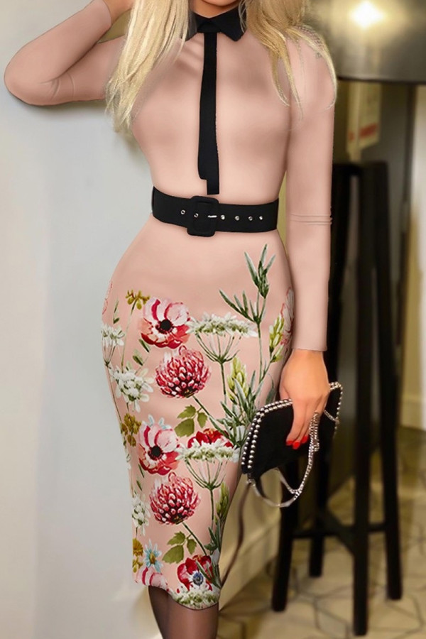Abricot mode décontracté imprimé patchwork avec ceinture col rabattu robes à manches longues