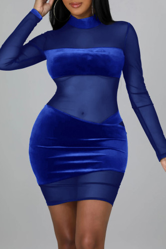 Farbenfrohe, blaue, sexy, solide Patchwork-Kleider mit durchsichtigem Netzstoff, halber Rollkragenpullover und einstufigem Rock