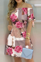 ローズレッドファッションカジュアルプリント包帯オフショルダー半袖ドレスドレス