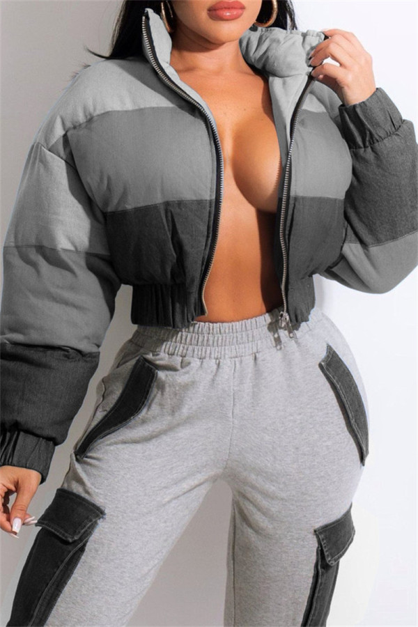 Vêtement d'extérieur à col zippé et à la mode en patchwork décontracté noir gris