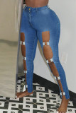 Bleu clair Sexy Street évidé Make Old Patchwork Jeans skinny taille haute