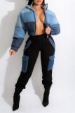 Blaue Mode Lässige Patchwork Strickjacke Reißverschlusskragen Oberbekleidung