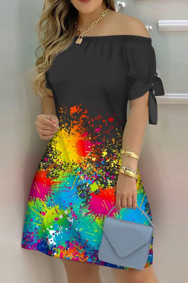 Farbe Mode Casual Print Bandage Schulterfrei Kurzarm Kleid Kleider