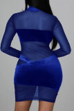 Colorido azul sexy sólido retalhos malha transparente meia gola alta vestidos de saia de um passo