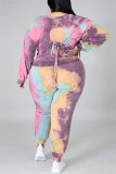 Multicolore Fashion Casual Print Tie Dye Backless O Neck Plus Size Two Pieces