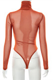 Red-brown Fashion Sexy Solid See-through Turtleneck Skinny Romper