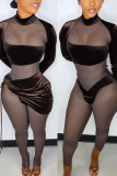 Coffee Sexy Solid Bandage Patchwork See-through Fold Asymmetrical Long Sleeve Two Pieces