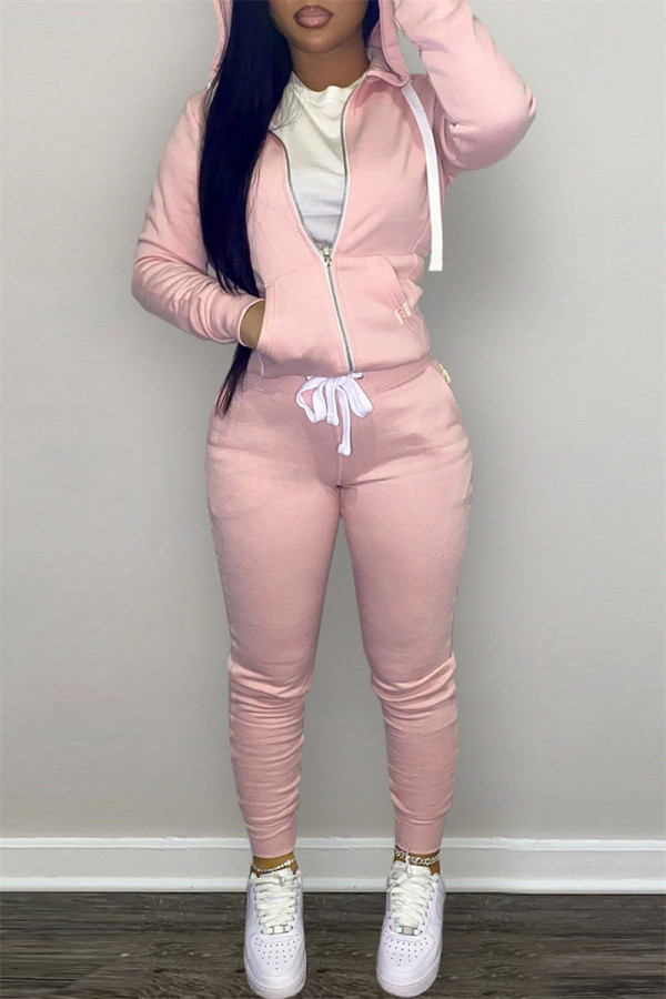 ピンクファッションカジュアルソリッドジッパーフード付きカラー長袖ツーピース
