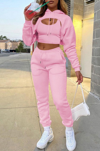 Pink Fashion Casual Solid Hollowed Out Hooded Collar Long Sleeve Three-piece Set