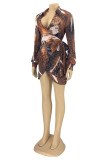 Leopardtryck Mode Casual Print Bandage Turndown-krage Långärmade klänningar