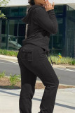 Calça cardigan preta moda casual sólida gola com capuz manga longa duas peças