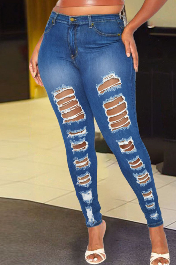 Azul escuro rua sólido rasgado fazer velho retalhos jeans de cintura alta