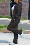 ブラックファッションカジュアルソリッドカーディガンパンツフード付きカラー長袖ツーピース