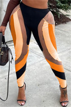 Calças lápis laranja moda casual estampa patchwork skinny cintura alta