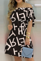 Schwarz Weiß Mode Casual Print Bandage Schulterfrei Kurzarm Kleid Kleider