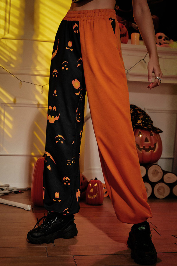 Orange Street-Print-Patchwork-Hosen mit geradem, geradem Positionsdruck und hoher Taille