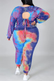 Rouge Fashion Casual Print Tie Dye Backless O Neck Plus Size Two Pieces