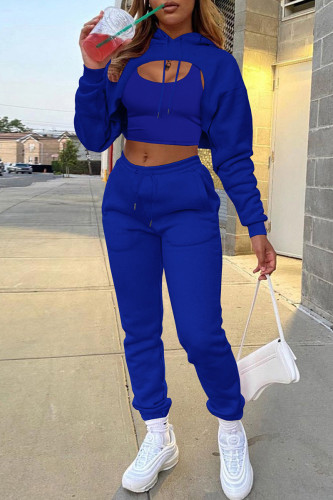 Blue Fashion Casual Solid Hollowed Out Hooded Collar Long Sleeve Three-piece Set