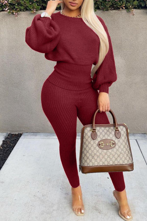 Purplish Red Casual Solid Split Joint O Neck Long Sleeve Two Pieces