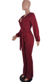 Rose Red Mode Casual Solid Bandage V-hals Boot Cut Jumpsuits