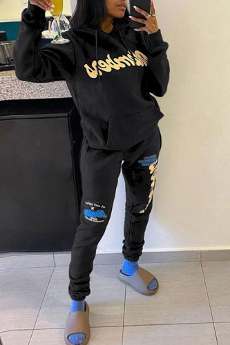 Black Casual Letter Print Patchwork Hooded Collar Long Sleeve Two Pieces