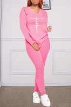 ピンク ファッション カジュアル プリント ベーシック Vネック 長袖 ツーピース