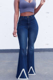 Azul escuro moda casual sólido retalhos cintura alta corte bota jeans jeans