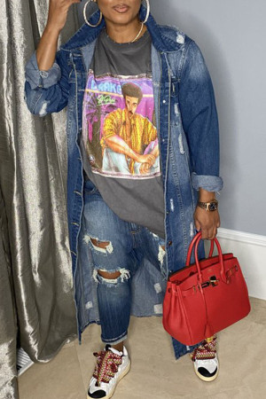 Deep Blue Street Solid Ripped Make Old Patchwork Buckle Turndown Collar Long Sleeve Straight Denim Jacket