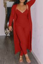 Red Fashion Casual Solid Cardigan V-Ausschnitt Langarm Zweiteiler