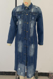 Giacca di jeans dritta a maniche lunghe con colletto rovesciato con fibbia patchwork e tinta unita strappata di colore chiaro
