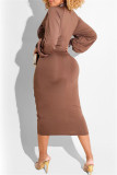 Коричневые модные повседневные однотонные лоскутные платья с воротником-молнией и длинными рукавами