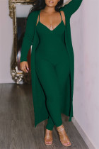 Cárdigan sólido informal de moda verde con cuello en V y manga larga de dos piezas