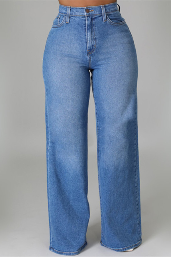 Jeans de mezclilla regular de cintura alta básicos sólidos informales de moda azul medio