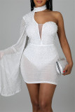 Белые модные сексуальные прозрачные платья с длинным рукавом и водолазкой с горячим бурением