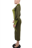 アーミーグリーンファッションカジュアルソリッドパッチワークジッパーカラー長袖ドレス