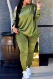 Green Fashion Casual Solid Patchwork Oblique Collar Plus Size Two Pieces