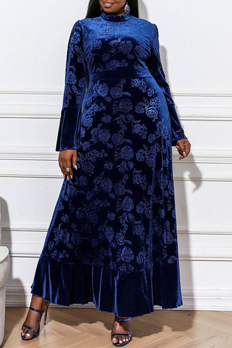 

Blue Fashion Plus Size Solid Basic Mandarin Collar Long Sleeve Evening Dress