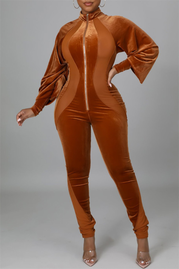 ブラウン ファッション カジュアル ソリッド パッチワーク ジッパー カラー レギュラー ジャンプスーツ
