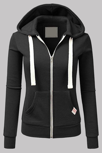 Black Fashion Casual Solid Split Joint Zipper Hooded Collar Outerwear