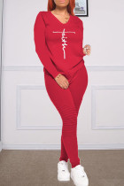 Красный Модный Повседневный принт с принтом Базовый V-образный вырез с длинным рукавом Из двух частей