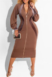 アーミーグリーンファッションカジュアルソリッドパッチワークジッパーカラー長袖ドレス