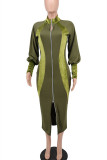Army Green Fashion Casual Solid Patchwork Zipper Collar Long Sleeve Dresses