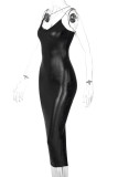 黒のファッションセクシーなソリッドバックレススパゲッティストラップロングドレス