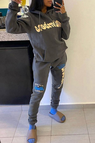 Grey Casual Letter Print Patchwork Hooded Collar Long Sleeve Two Pieces