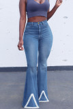 Blaue, modische, lässige, solide Patchwork-Jeans mit hoher Taille und Bootcut-Denim