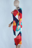 Платья с длинным рукавом и V-образным вырезом с цветным модным сексуальным принтом