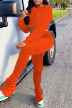 オレンジ ファッション カジュアル 無地 バックレス Oネック 長袖 ツーピース