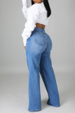 Средне-синие модные повседневные однотонные базовые джинсы с высокой талией, обычные джинсовые джинсы