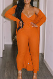 Orange Fashion Casual Solid Cardigan V-Ausschnitt Langarm Zweiteiler