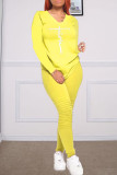 Желтый Модный Повседневный принт С принтом Базовый V-образный вырез с длинным рукавом Из двух частей